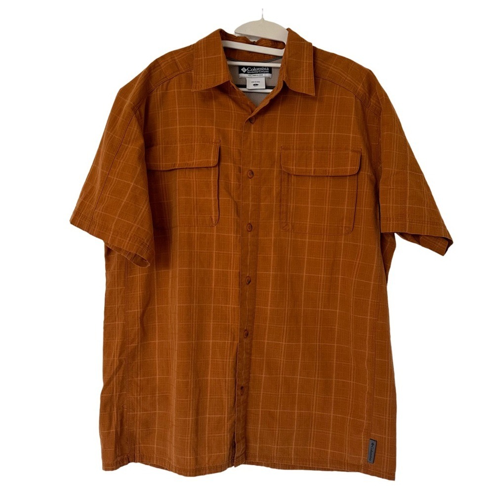 Columbia Plaid Shirt Mens L Orange Button Up Short‎ Sleeve Camp Shirt Gorpcore